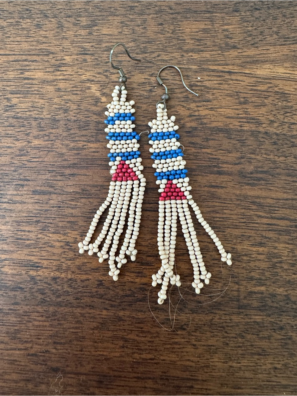 Beaded Fringe Drop Earrings - tan, Blue & Red